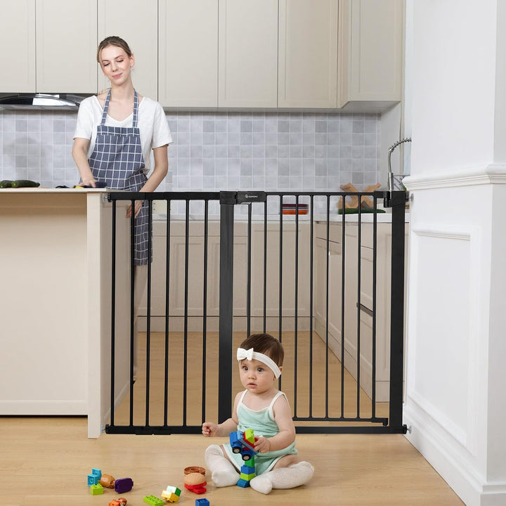 36" Extra Tall Baby Gate for Stairs and Doorways - Fits 29.5" to 48.8" Wide Openings, Auto Close Extra Wide Dog Gate for House, Pressure Mounted Easy Walk through Pet with Door, Black