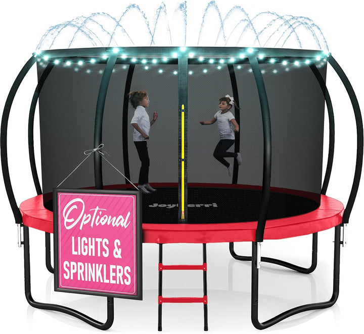 Trampoline Outdoor - ASTM Certified Safe, 8Ft, 10Ft, 12Ft, 14Ft, 15Ft, 16Ft Recreational Trampoline for Kids and Adults. Anti-Rust Coating with Enclosure Net, Ladder, Sprinkler & LED Lights