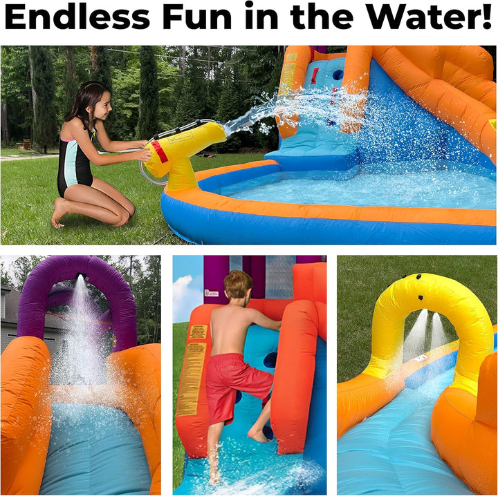 Mega Tornado Twist Inflatable Water Slide for Kids - Water Park with Slides, Climbing Wall, Water Cannon and Splash Pool - Ages 5 and up - with Blower