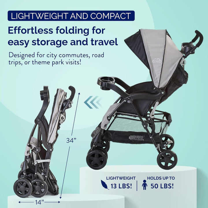 Cloud plus Lightweight Umbrella Stroller for Toddlers with Reclining Seat, Large Storage Basket, Canopy, Infant & Parent Trays, Compact Fold for Summer Travel, Durable Frame, Slate Gray