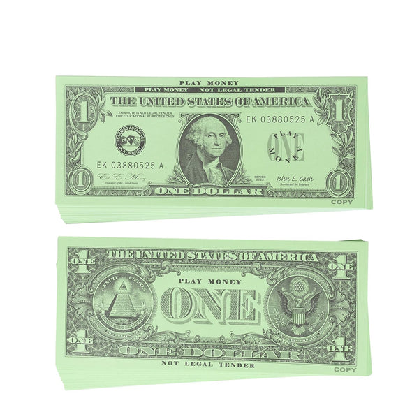 One Dollar Play Bills - Set of 100 $1 Paper Bills - Designed and Sized like Real US Currency - Teach Currency, Counting and Math with Play Money