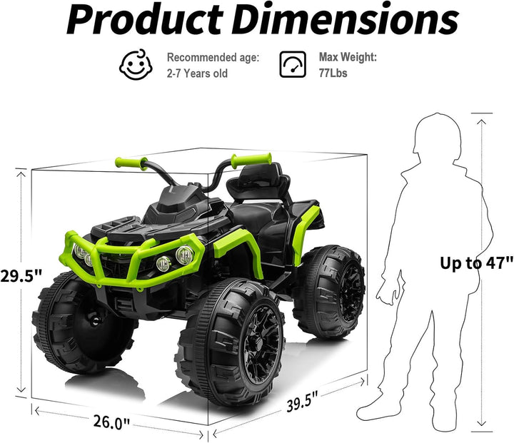 Kids ATV Four Wheeler, 24V Electric ATV Ride on Toy for Big Kids, 400W Motor, LED Lights - Green