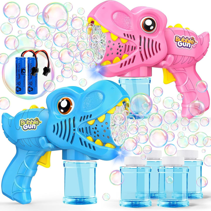 Kids Bubble Gun 2 Pack Dino Bubble Machine Gun for Toddlers with 4 Solutions Automatic 13-Hole Bubbles for Kids Blower Maker Easter Basket Essentials Stocking Stuffers Gift Party Favors for Boys Girls