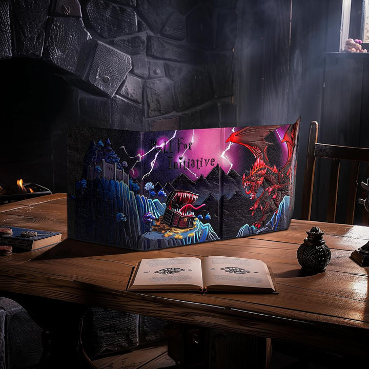 DND DM Screen Deluxe Edition: Colorfully Embossed Dragon & Mimic, Four-Panel with Pockets Dungeon Master Screen for Dungeons and Dragon, Pathfinder, D&D