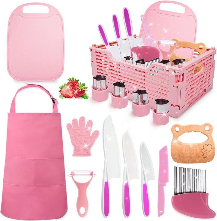 Kids Kitchen Knife Set for Real Cooking & Basket,Montessori Toys for 3 4 5 6 7 8 9 10 Year Old Girls Birthday Gifts, Toddler Knife Set, Toddler Kitchen Tools