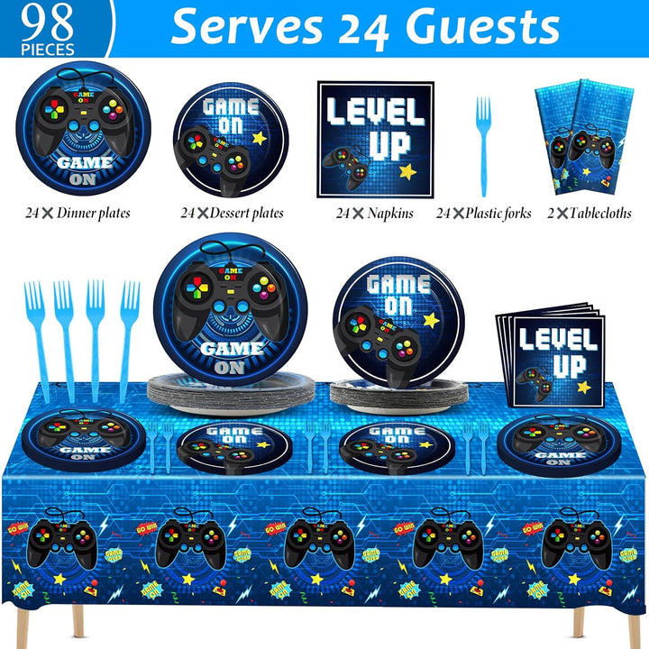 Video Game Party Supplies Tableware Set for 24 Guests - Gaming Birthday Plates, Blue Gamer Decorations Includes Plates, Napkins, Tablecloths