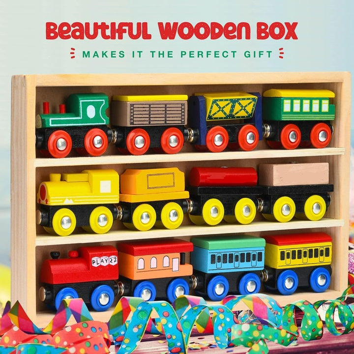 Wooden Train Set 12 PCS - Train Toys Magnetic Set Includes 3 Engines - Toy Train Sets for Kids Toddler Boys and Girls - Compatible with All Major Brands - Original - by