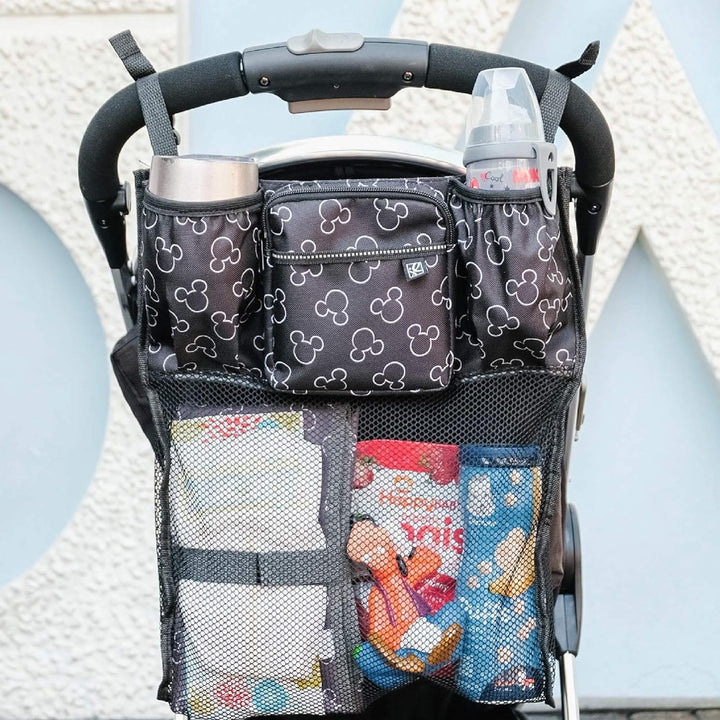 Disney Baby by  Stroller Organizer with Cup Holders and Mesh Storage Compartment - Disney World Travel Essential - Universal Stroller Accessory with XL Storage Bag - Mickey Mouse Black