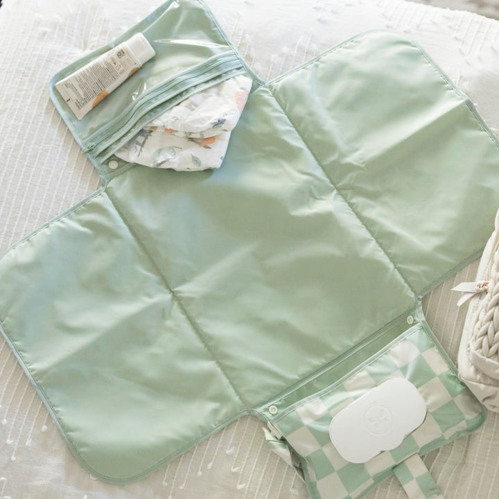 Portable Diaper Changing Pad-Foldable Waterproof Changing Mat&Portable Changing Pad for Travel,Baby Changing Station with Smart Wipes Pocket&Storage (Sage Checkers)