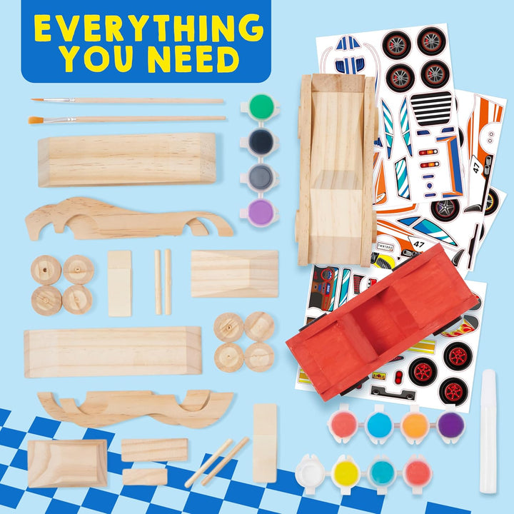 4 DIY Wooden Race Cars-Build & Paint Your Own Wood Craft Kit, 4 Race Cars Toy, Easy to Assemble Arts Crafts Kit, Birthday Party Presents for Kids Boys and Girls
