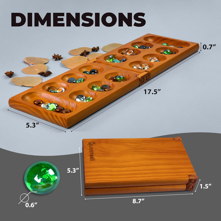 Mancala Board Game with Magnetic Lock – Classic 2-Player Folding Game – Wooden Mancala Set with 56 Glass Pebbles – Mancala Game for Kids and Adults