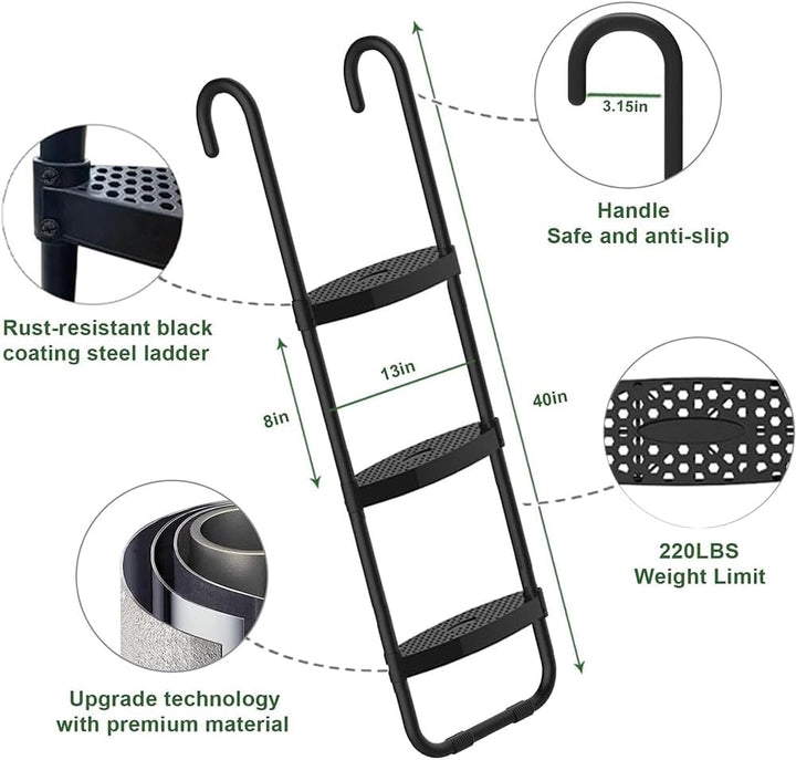 USA Universal Easy-To-Assemble Trampoline Ladder, 3 Steps with Wide Steps, Storage Bag, 220 Lbs Capacity Trampoline Accessories for Children Kids, Black