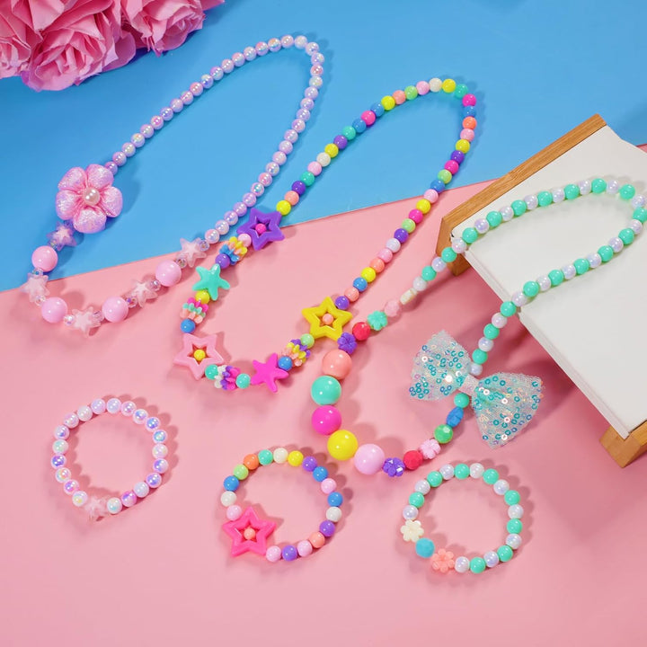 Kids Classic Jewelry, 6 Sets of Beaded Necklaces and Bracelets for Girls, Favors Bags for Girls Jewelry (Classic)
