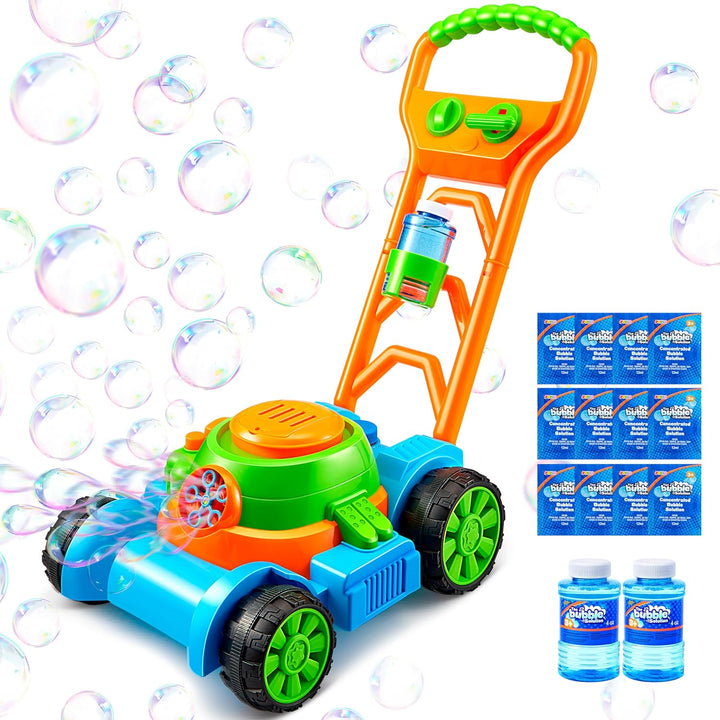 Bubble Lawn Mower Toddler Toys - Pretend Play Bubble Blower Machine Gardening Toy Leak-Proof for Indoor Outdoor Use, Push Toys Preschool Baby Boys Kids Halloween Birthday Gifts (Blue)