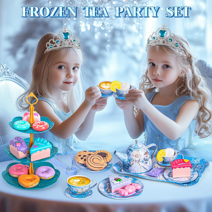 Frozen Tea Party Set for Little Girls, Princess Gift Toy, Kids Pretend Play Tin Tea Set with Teapot, Tea Cups, Food Playset & Carrying Case, Birthday for Girls Age 3+