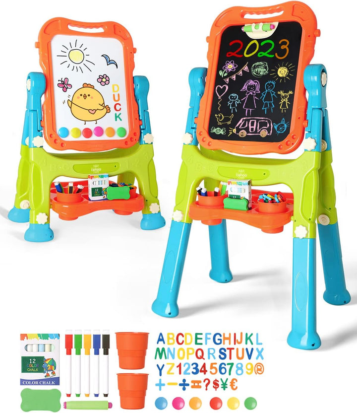 Easel for Kids, Double Sided Kids Art Easel with Magnetic White Board Chalk Board, Adjustable Standing Toddler Easel with Drawing Accessories, Gift for Girls 3 4 Years Old