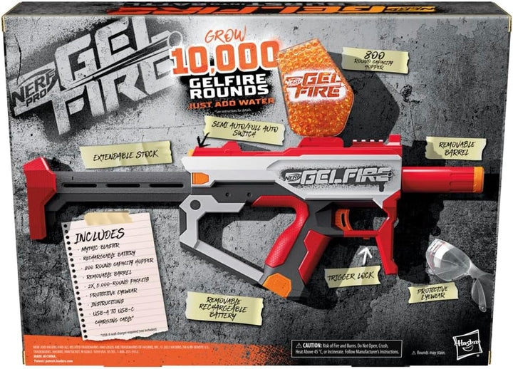 Pro Gelfire Mythic Full Auto Blaster & 10,000 Gelfire Rounds, 800 round Hopper, Rechargeable Battery, Eyewear, Ages 14 & Up