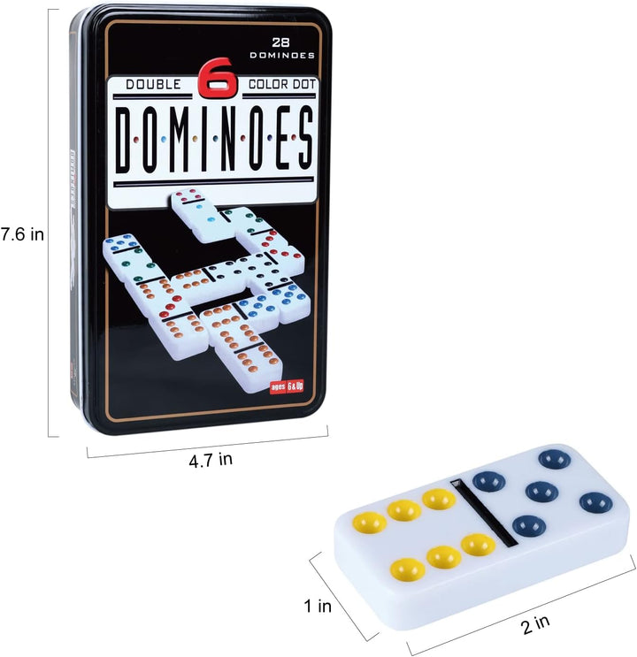 Double Six Dominoes Set with Tin Box - 28 Color Double 6 Domino Tiles for Kids & Adults, Classic Family Board Games for 2-4 Players, Travel, Party