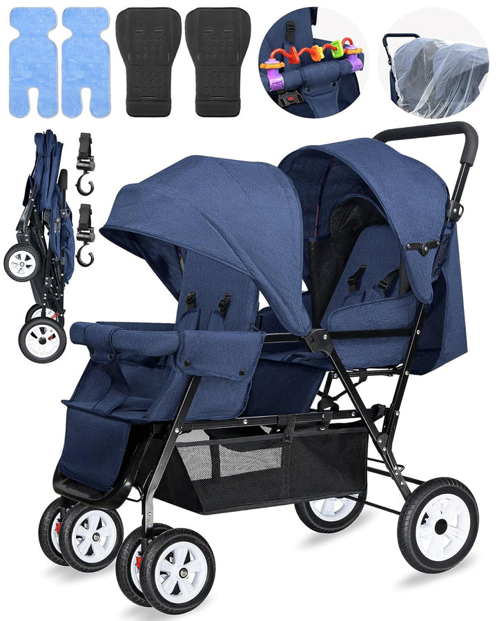 Double Stroller for Infant Toddler, Foldable Double Baby Stroller with Tandem Seating and Adjustable Backrest - Extra Gift Toys/Mosquito Net/Sleeping Mats/ 2 Hooks/ 2 Cotton Pads（Grey）
