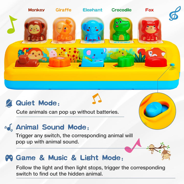 Interactive Pop up Animal Toys with Music & Light, Montessori Cause and Effect Toys for 1 Year Old Boy Girl Early Learning Musical Baby Toy 9-12-18 Months STEM Toddler Toy Age 1-2 Gift for Infant