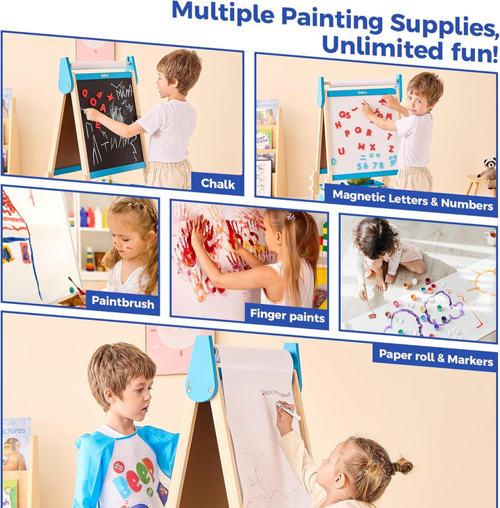 All-In-One Art Easel for Kids, Adjustable Double Sided Wooden Easel for Toddlers with Magnetic Whiteboard & Chalkboard, Paper Roll, Art Supplies, Child Painting Easel for Kid 2-8 Birthday Gift