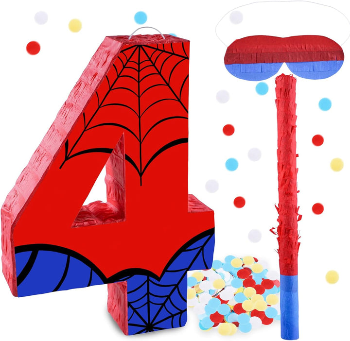 16 Inch Number 4 Spider Pinata with 16 Inch Piñata Stick Blindfold Confetti for Boy Girl Kids 4Th Birthday Party Decorations (4Th)