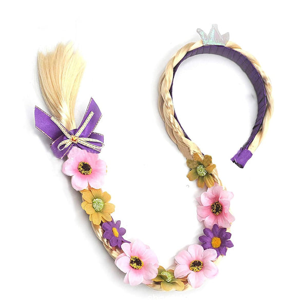 Princess Dress up Wigs, Princess Rapunzel Long Braided Wig Headbands with Tiara Flowers Adorn for Girls Costume Accessories, 29 Inch