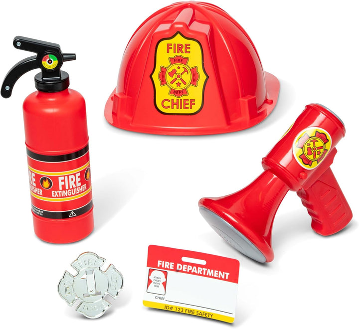 Fire Chief Role Play Costume Dress-Up Set Pretend Fire Fighter Outfit with Realistic Accessories, Firefighter Costume for Kids and Toddlers Ages 3+