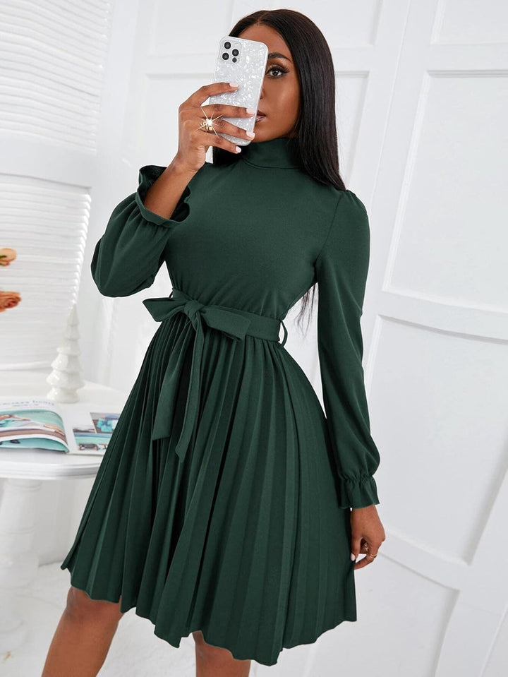 ROLVK Women'S Casual Dresses Turtleneck Flounce Sleeve Pleated Hem Belted Dress Charming Mystery Special Beautiful