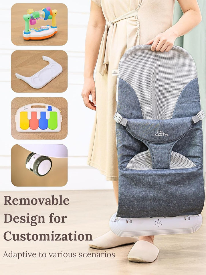 Cuddobaby Baby Bouncer 4-In-1 with Wheels, Detachable Piano, Feeding Tray, Play Bar, Thick Base. 3-Level Incline Portable Seat for Infant to Toddler 0-6, 0-12, 12-24 Months, Upto 29Lbs - Blue