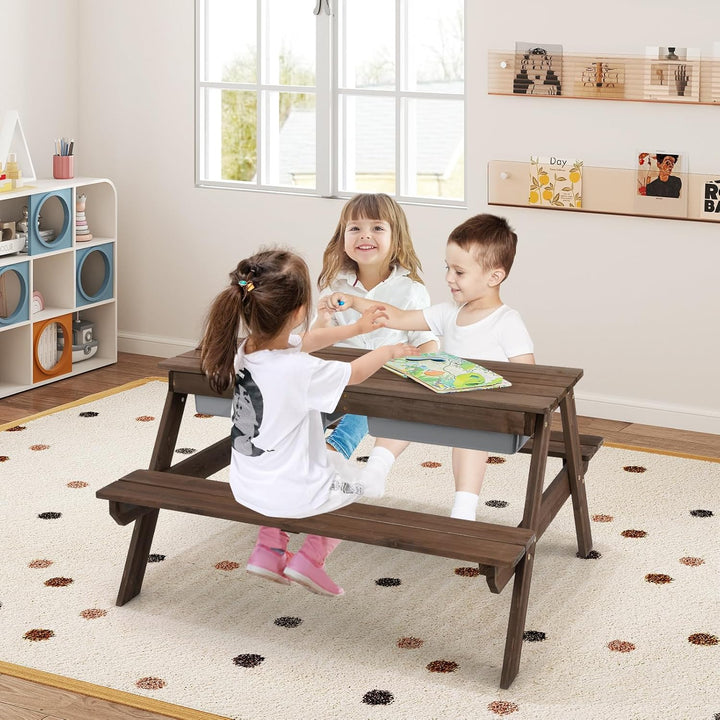 Kids Picnic Table, 4 in 1 Sand and Water Tables W/Detachable Tabletop, 2 Removable Play Boxes, Foldable & Height Adjustable Umbrella, Wood Sensory Table and Bench for Outdoors, Indoors (Brown)