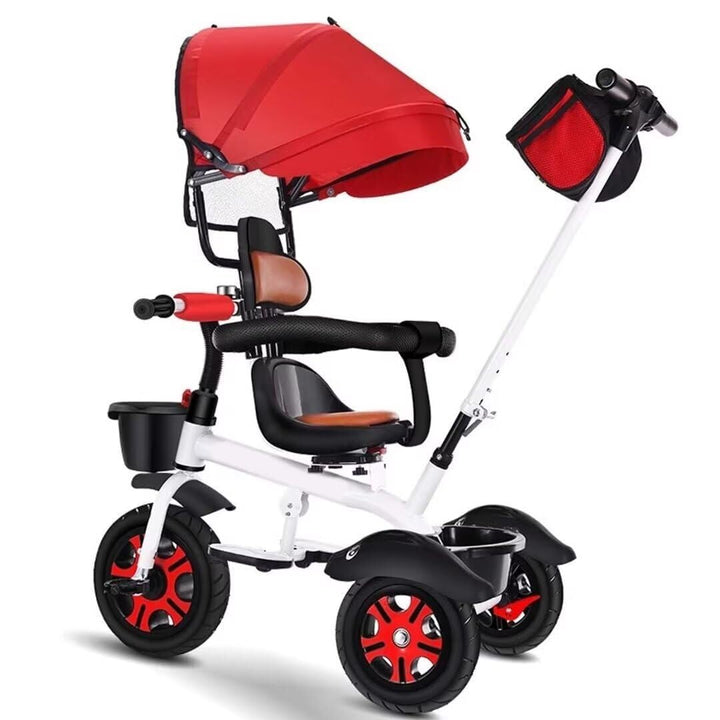 Reversible Seat Toddler Stroller Buggies, Children Pram with Canopy, High Back Guardrail and Belt, Parent Steering Tricycle Handle(White Red,No Headlight)