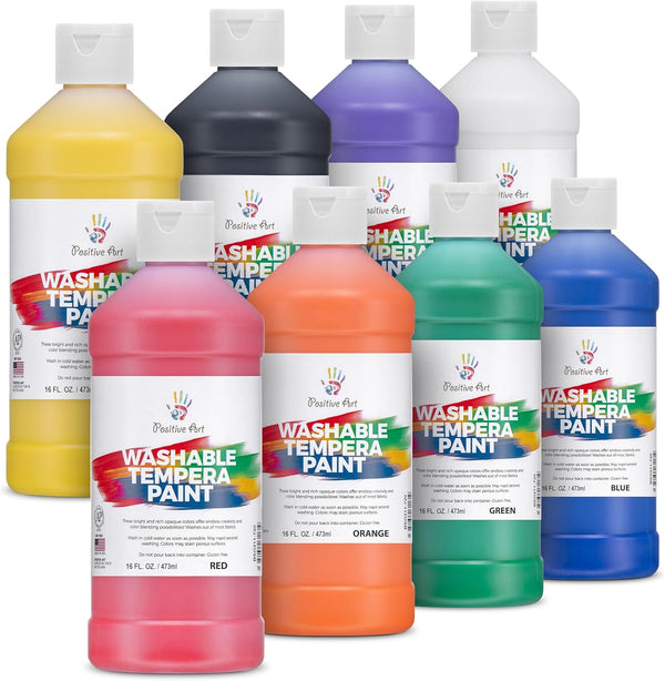 Washable Paint for Kids – (8 Colors, 16 Oz Each) Made in USA, Non-Toxic Tempera Paint Set – Bulk Classroom Paints for Students, Finger Painting, School Use – 8 Pack