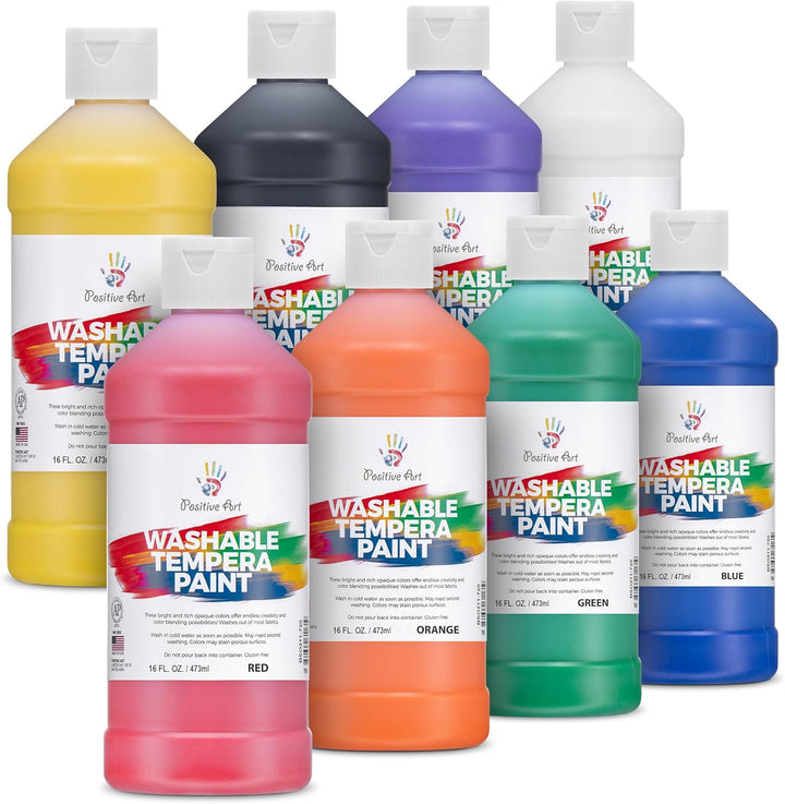 Washable Paint for Kids – (8 Colors, 16 Oz Each) Made in USA, Non-Toxic Tempera Paint Set – Bulk Classroom Paints for Students, Finger Painting, School Use – 8 Pack