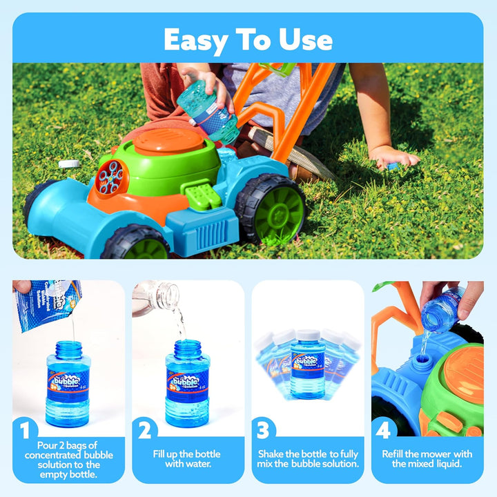 Bubble Lawn Mower Toddler Toys - Pretend Play Bubble Blower Machine Gardening Toy Leak-Proof for Indoor Outdoor Use, Push Toys Preschool Baby Boys Kids Halloween Birthday Gifts (Blue)