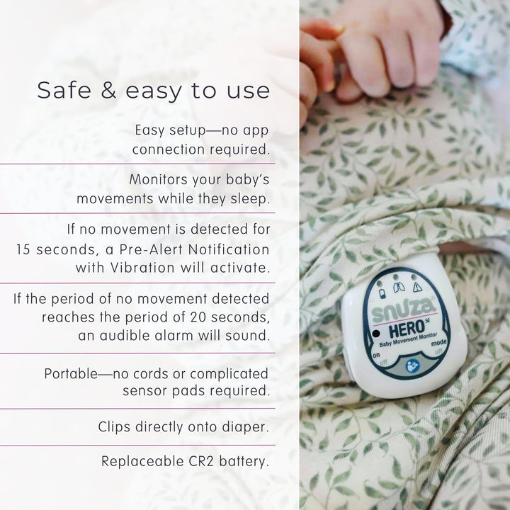Hero Baby Monitor: Alerts When No Movement Detected, Gentle Vibration Pre-Alerts, Attaches to Nappy, No Wifi/Bluetooth, Medical Grade Material. Safer Sleep for Babies, Better Sleep for Parents.