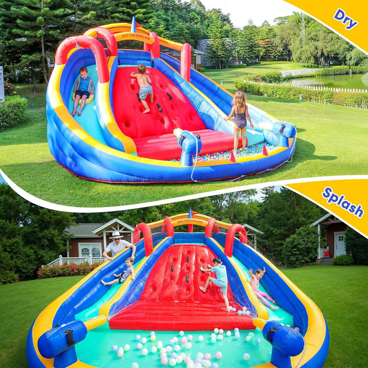 Inflatable Water Double Slides Park, Bounce House with Splash Pool, Large Blow up Water Slide for Kids with Climbing Wall, Durable Design Backyard Play Park, Quick Setup (Dry/Wet Use)