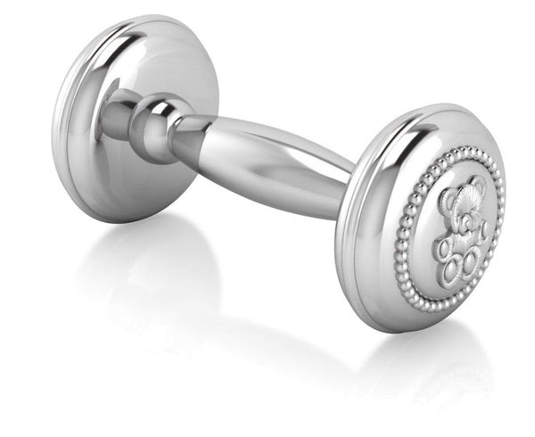 Silver Plated Teddy Rope Dumbbell Rattle for Newborn Baby Boy and Baby Girl - Non-Tarnishing, Durable, and Custom Engraveable Gift - Packaged in a Beautiful Gift Box