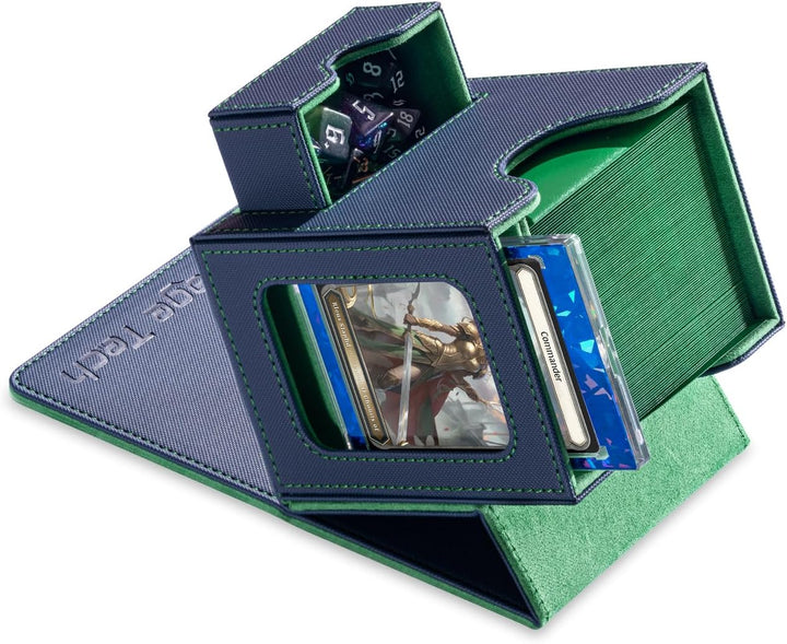 Card Deck Box for MTG Commander - Patented Design, Commander Display, Fits 100 Double-Sleeved Cards, 35Pt Card Brick & Dice Tray - Black/Green