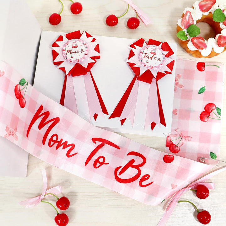 Cherry Baby Shower Decorations Mom to Be Sash Dad to Be Corsage Set, Cherry on Top Baby Shower Mommy to Be Sash for Expecting Parents Gift