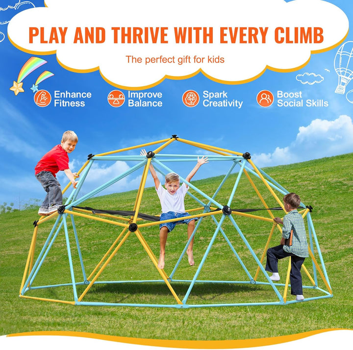 Climbing Dome, 10FT Geometric Dome Climber with Hammock and Swing, Jungle Gym Supports 750LBS and Easy Assembly for Kids 3 to 10 Years Old, with Climbing Grip, Outdoor Backyard Play Equipment