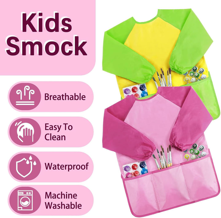 2 Pack Kids Art Smock,Kids Painting Apron,Children Artist Aprons with Long Sleeve 3 Pockets for Toddlers 3-6 Years