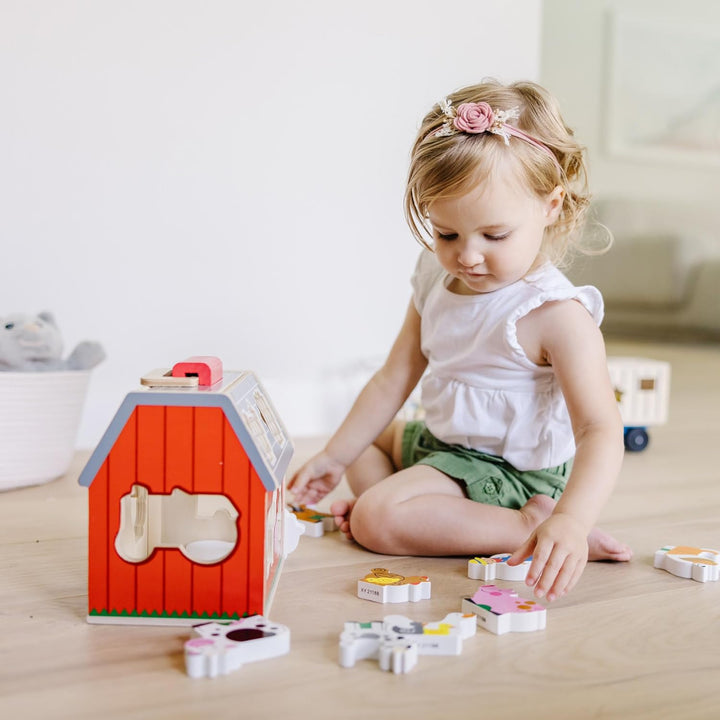 Wooden Take-Along Sorting Barn Toy with Flip-Up Roof and Handle, 10 Wooden Farm Play Pieces - Farm Toys, Shape Sorting and Stacking Learning Toys for Toddlers and Kids Ages 2+