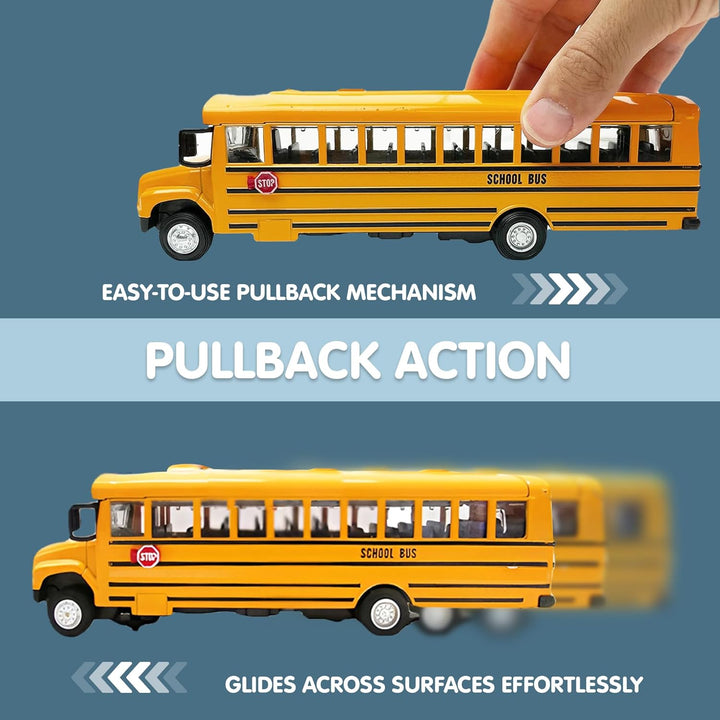Diecast Yellow School Bus Model Toy, 8" Pullback Die Cast Model Vehicle for Kids with Rubber Tires, Opening Doors, Lights and Sounds