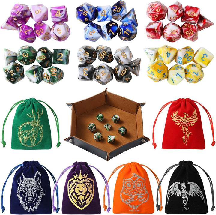DND Dice Set, 42 Pcs Polyhedral Dice Set with 6 Colorful Animal Pattern Bag and PU Leather Velvet Tray for Dungeons Dragons D&D RPG MTG Table Games