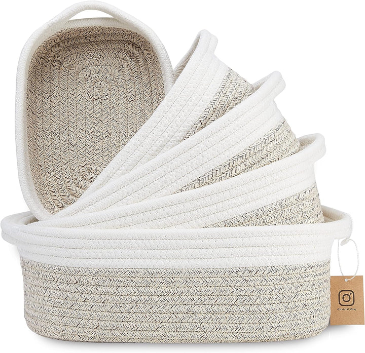 5-Piece Rectangle Storage Basket Set- Natural Cotton Rope Woven for Organizing! Small Basket for Montessori, Baby Nursery, Dog Toy Baskets, Cat Toy Box, Bathroom Organization Bin
