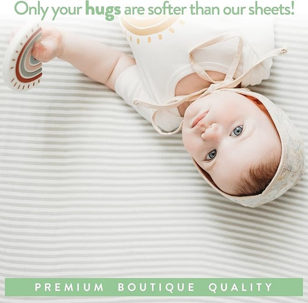 100% Organic Cotton Fitted Travel Crib/Playard Sheets for Guava Lotus, Babybjorn, Dream on Me, Baby Joy and All 24" X 42" Pads/Mattresses. Safety Strap Holes in Corners. 2 Pk, Clouds and Stripes