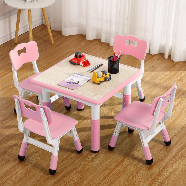 Modern Kids Table and 4 Chair Set,23" Height Adjustable Toddler Table and 4 Chairs with Non-Slip Desk Legs&Organizer Graffiti Desktop,Multi-Function Tables for Kindergarten/Living Room(Pink