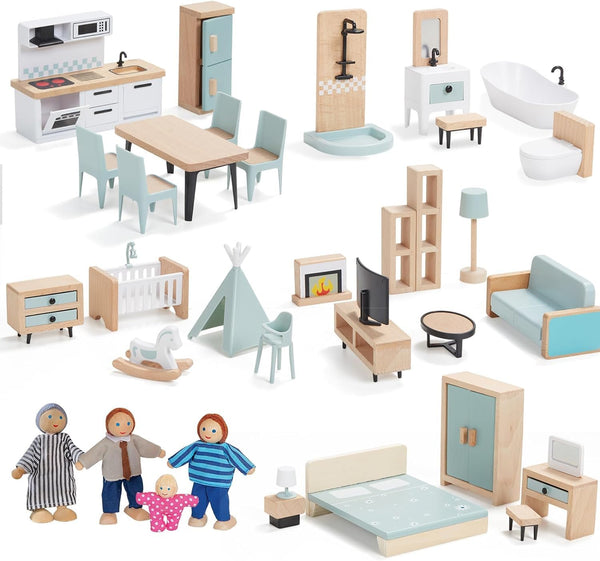 36Pcs Wooden Dollhouse Furniture Set 5 Rooms with 4 Family Dolls, Wood and Plastic Blue Dollhouse Accessories, Pretend Play Furniture Toys Christmas Birthday Gift for Boys Girls & Kids Toddlers 3Y+