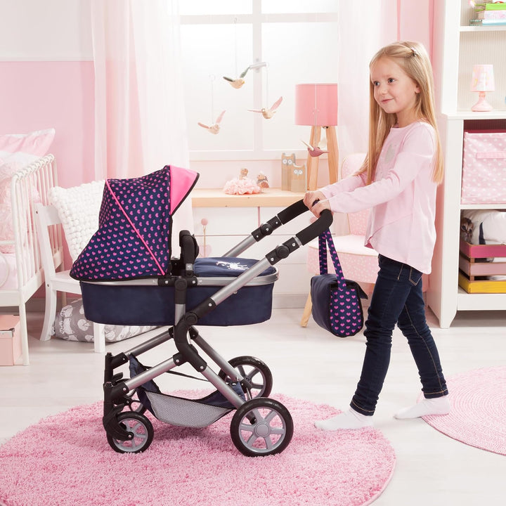 : Pram Neo City - Blue, Pink - Dolls up to 20", Shoulder Bag, Convert to Jogger Pushchair, Foldable, Direction Changing, Kids Age 3+